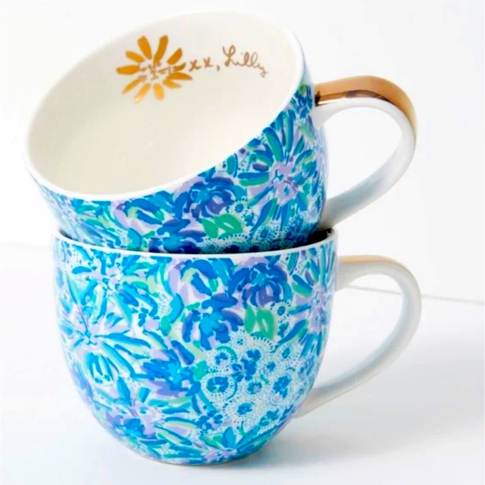 Lilly Pulitzer Gold Handle Ceramic Mugs - Two Sets of 2 (4 total)